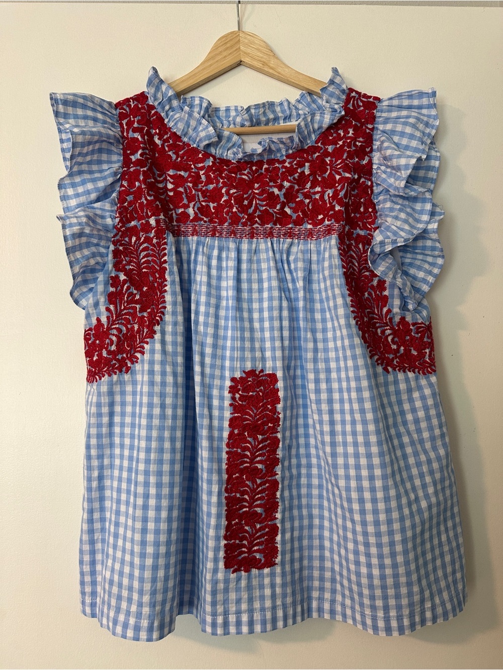 J.marie Gingham Ruffle-Sleeve Blouse with Red Embroidery